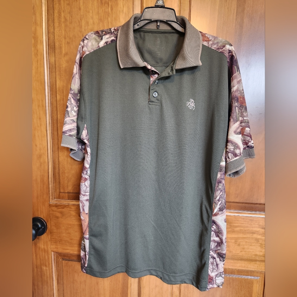 (4 For $20) Legendary Green and Camo Mens Polo.  Size L.  Polyester.
